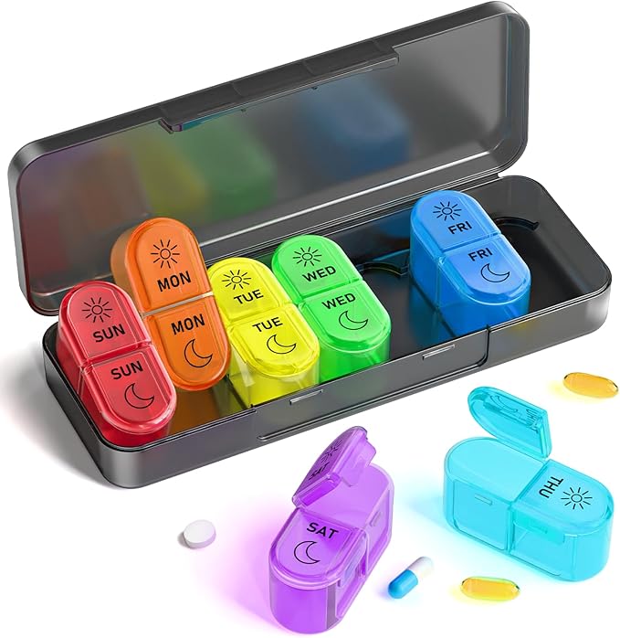 Pill Organizer, 𝐏𝐢𝐥𝐥 𝐁𝐨𝐱 𝟕 𝐃𝐚𝐲, AM & PM Medicine Organizer 7 Days, Weekly Pill Organinzer 2 Times a Day, Pill Case for Travel, Vitamins, Fish Oils, Supplements