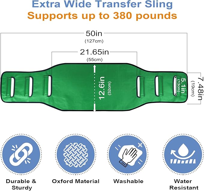 Transfer Sling for Seniors, Transfer Belt Widened Back Curve Design Sling for Movement, Transfer Boards for Bedridden Patient, Bed Assist Handle, Back Lift Belt for Patient Care (Green)