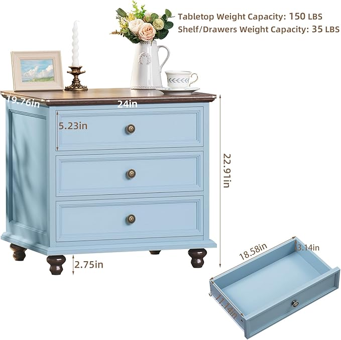 24" Wide Farmhouse Night Stand Set of 2,Large End Table with 3 Drawers & Metal Handle,Wood Dresser for Bedroom Cabinet,Light Blue Bed Side Table Chest of Drawers,Nightstand for Living Room