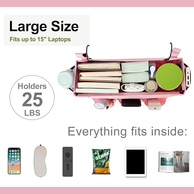 Surblue Bedside Organizer with Hook & Caddy Hanging Storage Bag with Adjustable Straps and Water Bottle Holder for Home, College, Dorm Bunk Bed & Crib Bed Rails Accessories, Pink