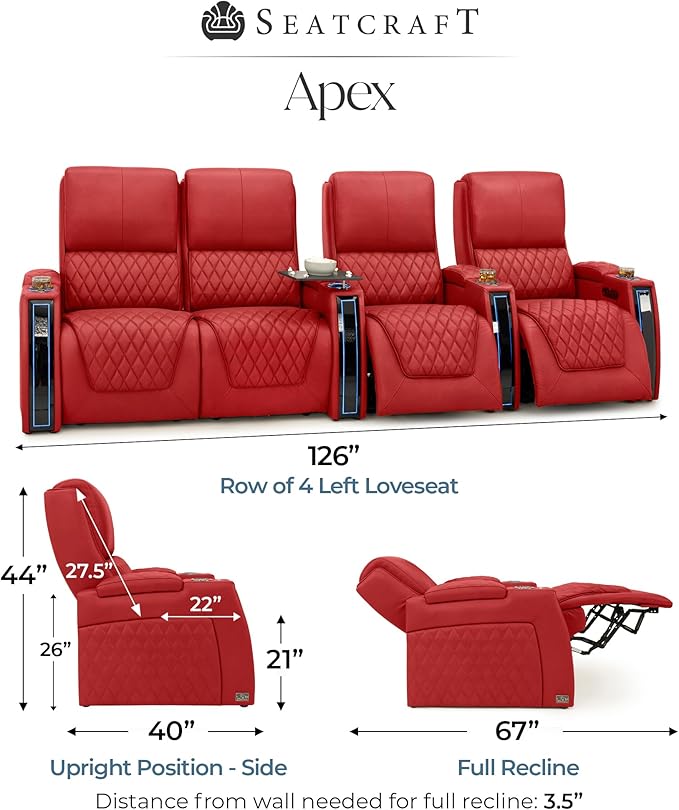 Seatcraft Apex Zero-Gravity CoolZero Italian Leather Home Theater Seating, Powered Headrest, Powered Lumbar, Powered Recline, Row of 4 Left Loveseat, Red