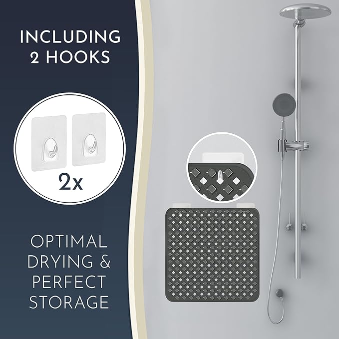 homerella® Shower Mat Non Slip Anti Mold, Non Slip Shower Mats for Inside Shower Stall Anti Slip Mat, Square Shower Floor Mat 21 x 21 in with Suction Cups & Hooks for Quick Drying, Machine Washable