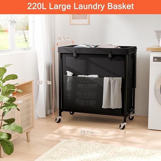Laundry Hamper with Lid, 60 Gal Rolling Laundry Basket with Wheels, Large & Tall Dirty Clothes Hamper with Metal Frame and Removable Bag for Bedroom Aesthetic, Laundry Room, Bathroom, Dorm-Black