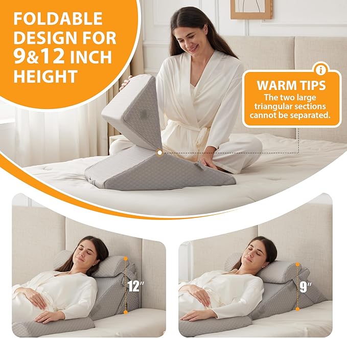 4PCS Wedge Pillow Set for After Surgery, Adjustable 9&12 Inch Bed Wedge Pillow for Sleeping, Incline Pillow Wedge for Headboard, Post Surgery, Acid Reflux, Neck&Back Support, Grey