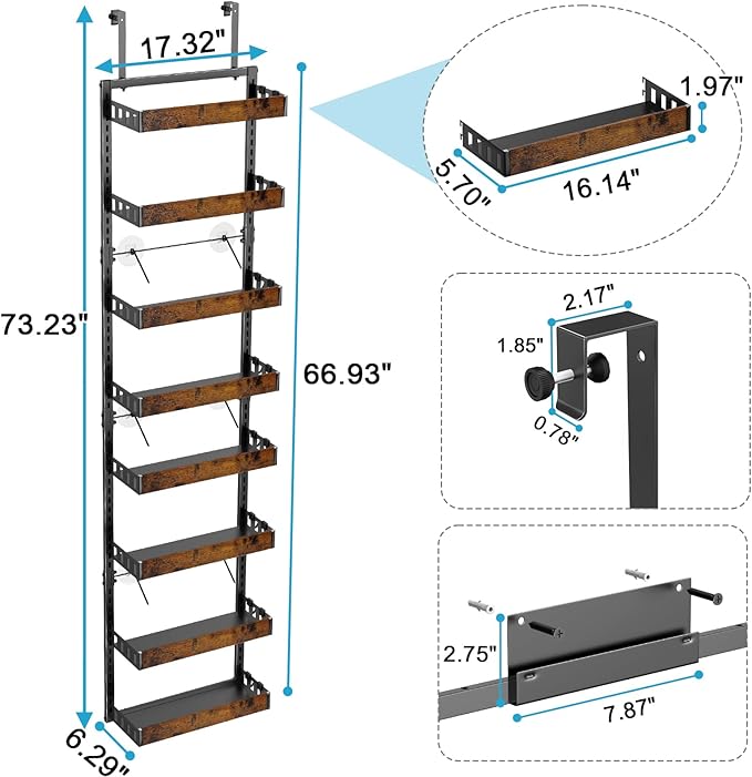 bukfen Over the Door Pantry Organizer, 8-Tier Adjustable Wooden Basket Kitchen Pantry Door Organization and Storage,2 in 1 Wall Mount or Hanging Heavy-Duty Metal Hanging Kitchen Spice Rack,1 Pack