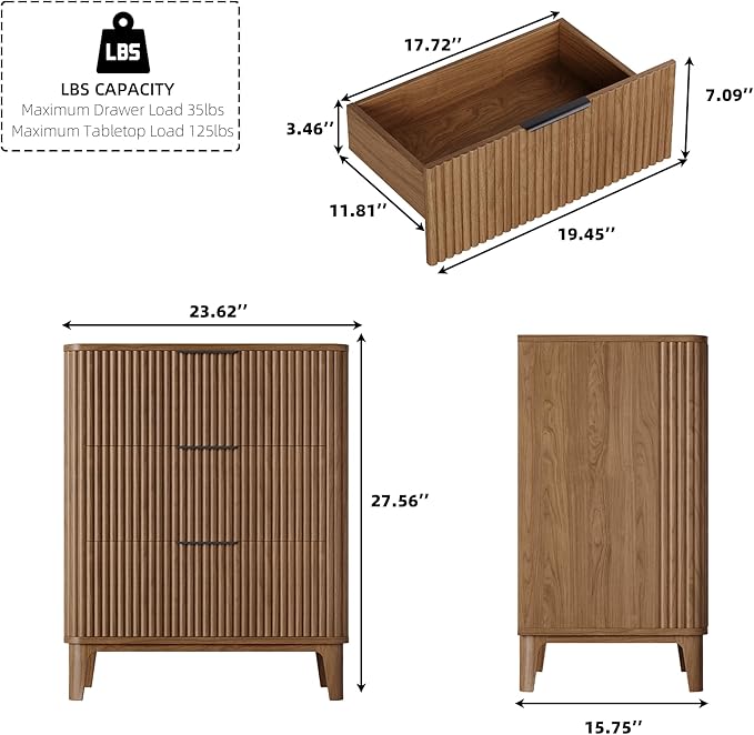23.6" Mid Century Modern Night Stand with 3 Drawers, Large 3 Drawers Bedside Table with Quiet Drawers & Metal Handles, Fluted 3-Drawer Dresser Rustic Wood 3 Drawer Storage End Table Bedroom Walnut