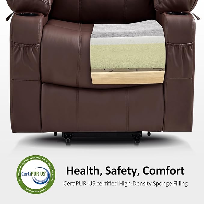 MCombo Power Lift Recliner Chair for Elderly, Lift Chair with Heat and Massage, FSC Certified, USB Ports, Cup Holders, Faux Leather 7141 (Light Brown, Small)