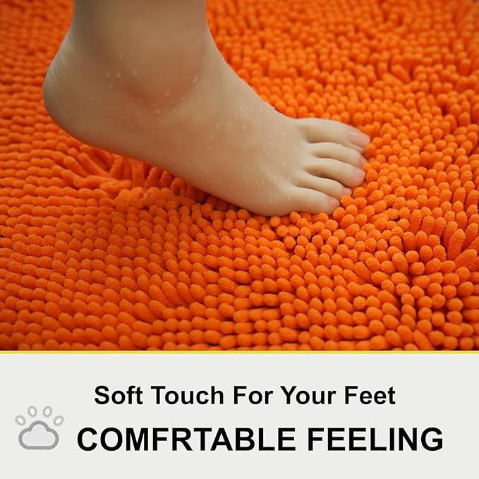 BOANKODU Bath Mat Sets 2 Piece, Soft Chenille Absorbent Non-Slip Mat, 32x20 U Shape + 20x20 Inch; Machine Washable (Orange)