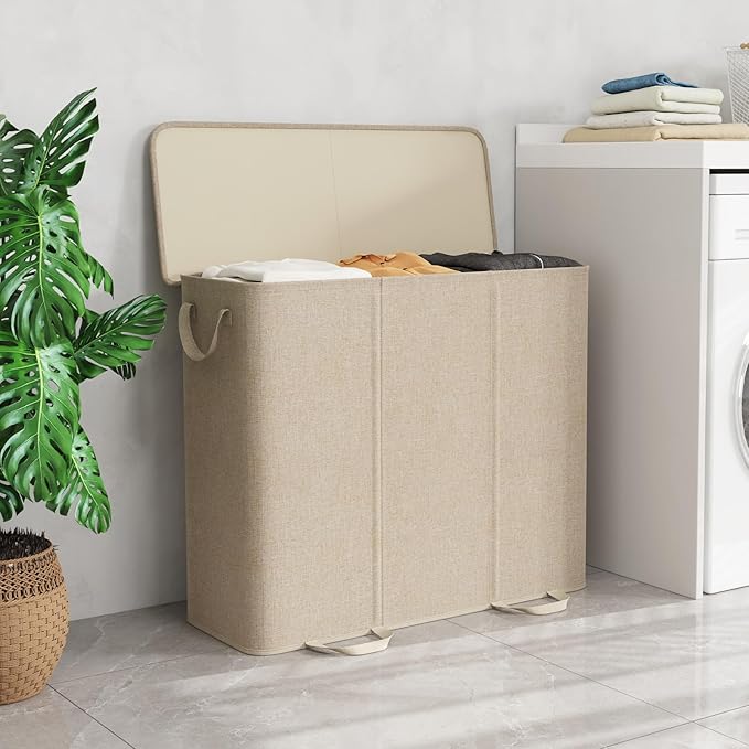 Lifewit Triple Laundry Hamper with Lid and Removable Laundry Bags, Large Collapsible 3 Dividers Dirty Clothes Basket with Handles for Bedroom, Laundry Room, Closet, Bathroom, College, 185L Beige