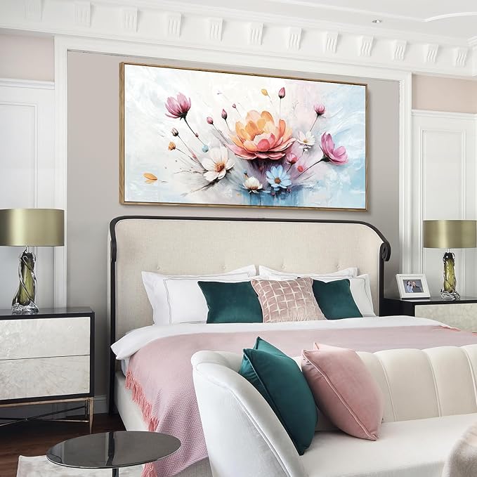 amatop Framed Floral Canvas Wall Art, Oversized Modern Abstract Daisy & Peony Botanical Print – Pink Blue Bloom Flower Pictures for Living Room, Bedroom, Dining Room & Entryway Wall Decor (58x29 Inch)