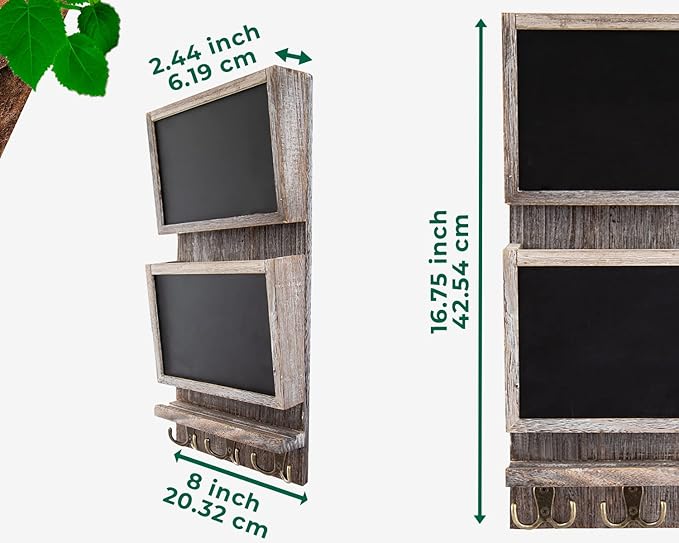 Rustic 2-Slot Mail Sorter Organizer for Wall with Chalkboard Surface & 3 Double Key Hooks - Wooden Wall Mount Mail Holder Organizer – Wall Décor for Entryway made of Paulownia Wood - Rustic White