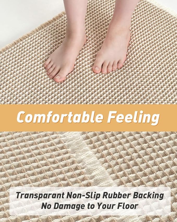 AMOAMI Upgraded Waffle Runner Rug Super Absorbent Non Slip Bath Mats for Bathroom Machine Washable Bathroom Runner Rug with Tassels, Ideal for Hallway Bedroom Laundry Room, 2' x 4', Brown & Cream