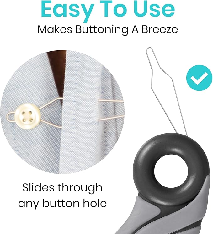 Vive Button Hook with Finger Hole - Zipper Gripper Pull Helper - Dressing Aid Assist - Buttoning Tool Device for Arthritis, Limited Mobility, Independent Living - Dexterity Handle Grip for Clothes