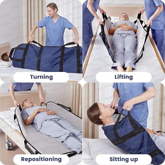 NIHAO Bed Positioning Pad 43" x 36" with 8 Reinforced Handles & Pockets, Comfortable Flannel Transfer Sheet for Turning, Lifting & Repositioning Multipurpose repositioning pad, Navy Blue