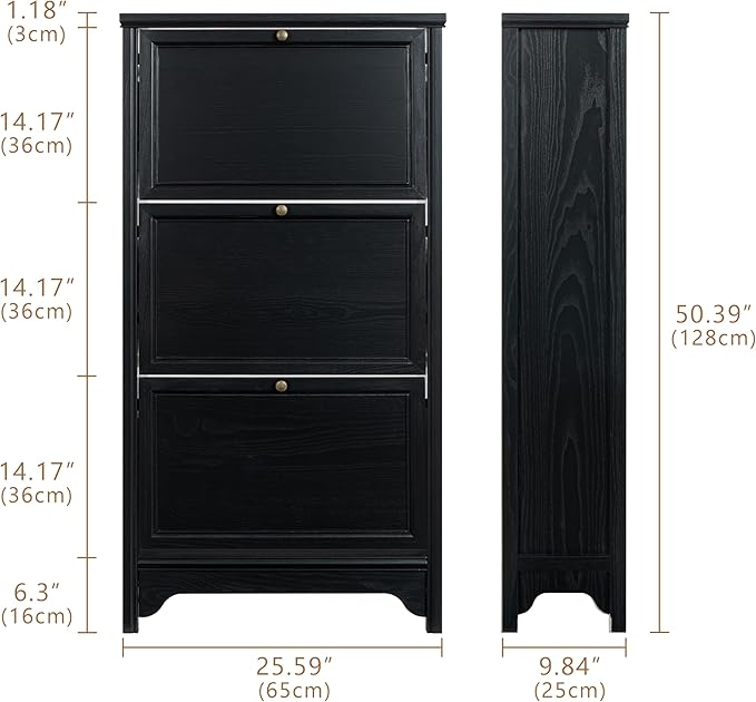 Chogori 3-Tier Shoe Cabinet – Solid Wood Entryway Shoe Storage Organizer with Flip-Up Doors, Adjustable Shelves – Narrow Freestanding Shoe Cabinets for Hallway – Space-Saving Design (2, Onyx Black)