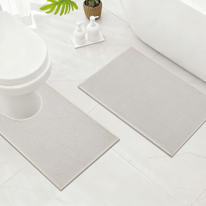 YIHOUSE Bathroom Rugs Mats Sets 2 Pieces Beige, Ultra Thin Bath Mat Absorbent Non Slip Bath Rugs for Bathroom Washable, Shower, Sink, Laundry (Beige, 2 Pieces)