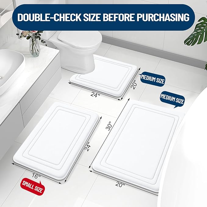 Grandaily Memory Foam Bath Mat Rug 24x16, Ultra Soft, Non-Slip and Absorbent Bathroom Rugs, Machine Wash Dry, Comfortable Bath Carpet for Bathroom Floor, Tub and Shower, White