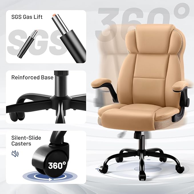 Ergonomic Office Chair with High Back Headrest, PU Leather Executive Desk Chair - Padded Flip-Up Armrests, Lumbar Support, Swivel Computer Chair for Home Office & Gaming, Khaki