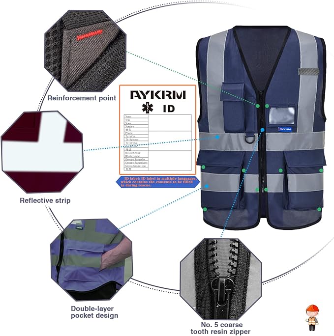 navy blue safety vest with zipper pockets