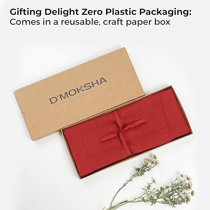 D'Moksha Homes Linen Bright Red Table Runner 90 Inches Long - Classic Hemstitch 100% Pure Linen Dining Table Runner 14 x 90 Inch for Valentines, Spring, Easter
