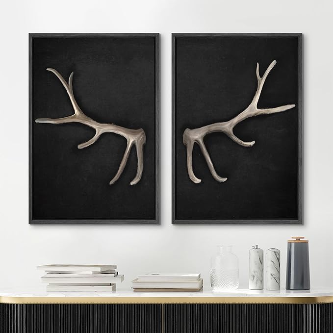 MUDECOR Framed Canvas Print Wall Art Rustic Antler Minimalist Antler Illustrations Modern Art Decorative Bohemian Colorful Chic for Living Room, Bedroom, Office - 24"x36"x2 Black