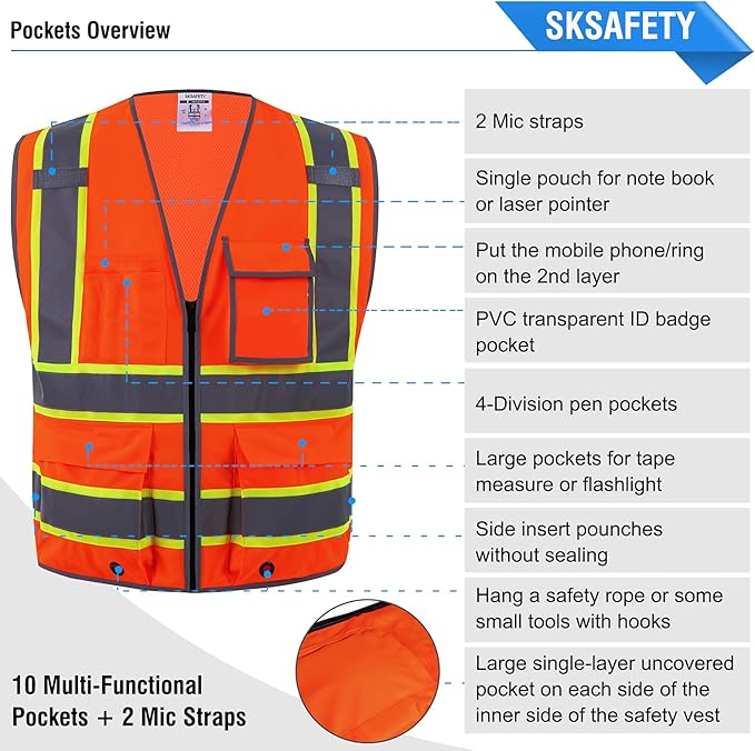 SKSAFETY 10 Pockets Safety Vest, Class 2 High Visibility Security with Zipper Back Mesh, Hi Vis Vest with Reflective Strips, ANSI/ISEA Standard, Construction Work Vest for Men ＆ Women （Orange, 4XL）