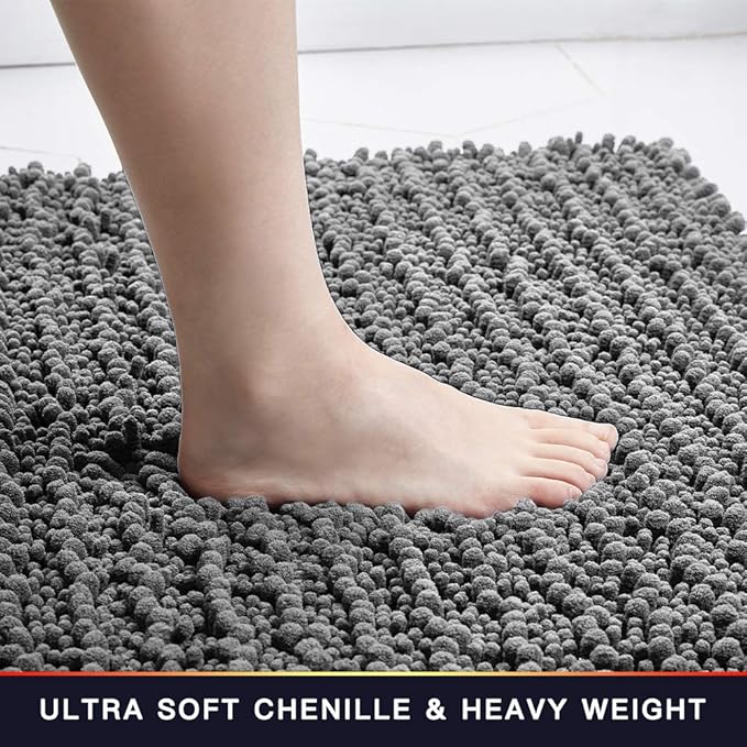 Walensee Large Bathroom Rug Non Slip Bath Mat (24x60 Inch Gery) Water Absorbent Super Soft Shaggy Chenille Machine Washable Dry Extra Thick Perfect Absorbant Best Plush Carpet for Shower Floor