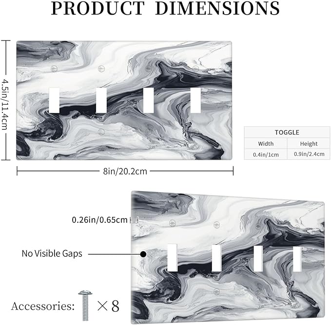 Abstract Marble Ink Texture Grey Marble Print Light Switch Covers Quad Toggle Electrical Faceplate 4 Gang Wall Plate Decorative Switch Plates for Bathroom Kitchen Decor