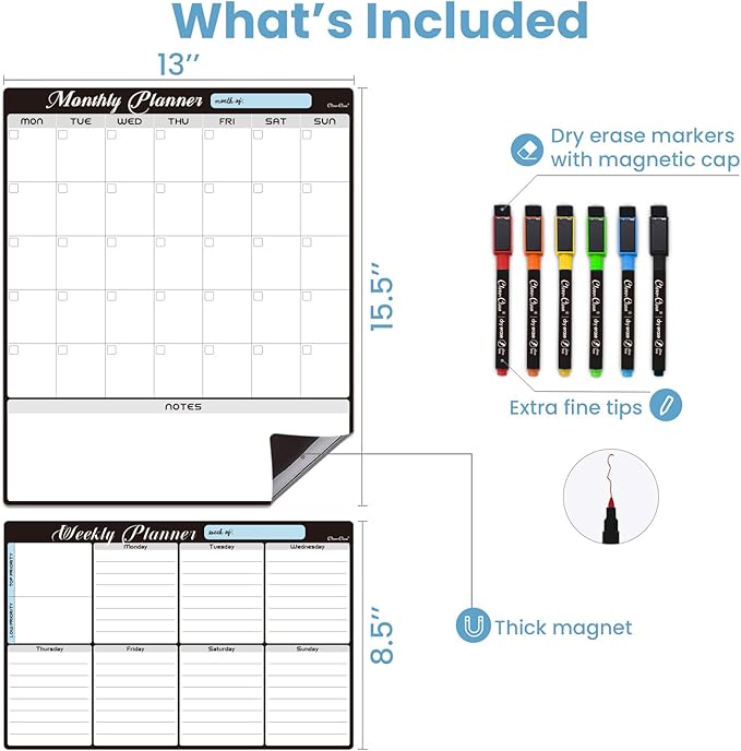 Magnetic Dry Erase Monthly Calendar Set - 15.5"x13" Monthly and 8.5"x13" Weekly Planning Board for Fridge - 6 Extra Fine Point Markers Included - Shipped Flat