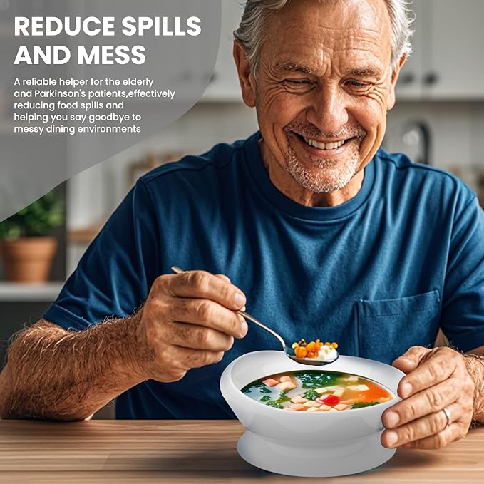 Spill Proof Scoop Plate and Bowl with Non-Skid Suction Base, Adaptive Self-Feeding Dinnerware for Elderly and Disabled(White)