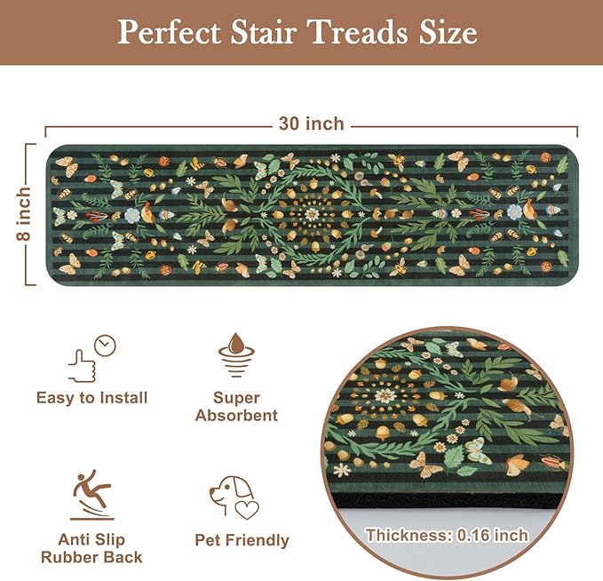 OJIA Black Stair Treads for Wooden Steps Indoor Stair Runners 15PCS 30"x8" Non Slip Stair Treads, Rubber Backed Insect Print Stair Mat Carpet Treads for Kids & Dogs, Stair Covers