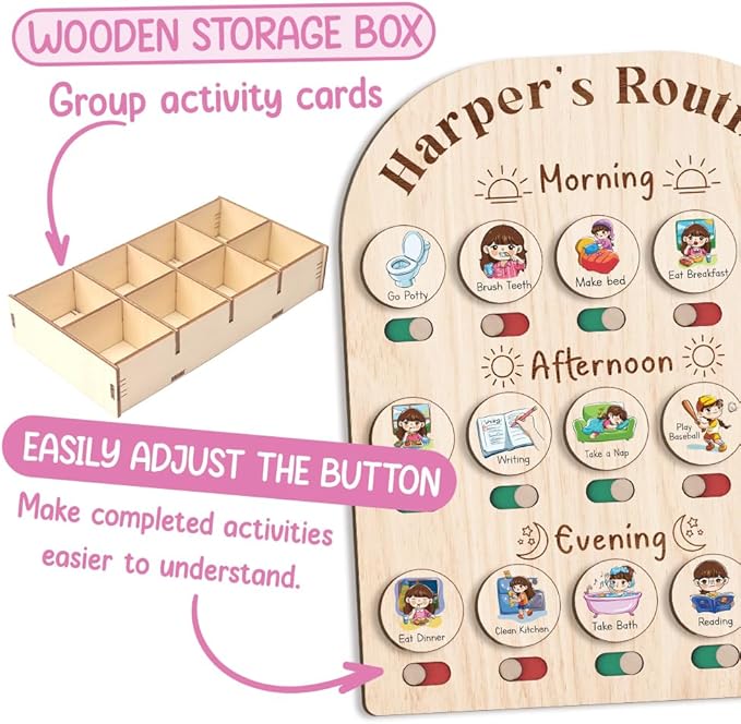 Wooden Chore Chart for Kids Visual Schedule, Routine Chart for Kids, Morning Bedtime Routine Chart for Toddlers Ages 2-4, Daily Kids Schedule Board for Home (04)
