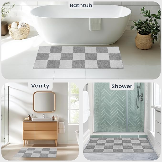 PURRUGS Bathroom Rug Non-Slip Machine Washable 30" x 46", Super Absorbent and Quick-Dry Bath Mat, Extra Soft and Plush Bath Rug for Shower, Bathtub and Sink, Light Grey & Grey