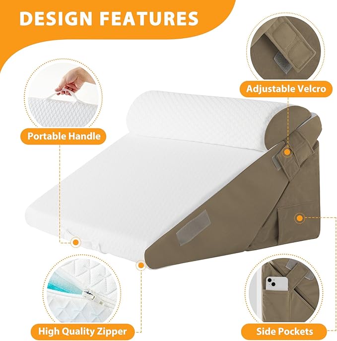 3PCS Wedge Pillow Set for After Surgery, Adjustable 9&12 Inch Bed Wedge Pillow for Sleeping, Incline Pillow Wedge for Headboard, Post Surgery, Acid Reflux, Neck&Back Support, Brown