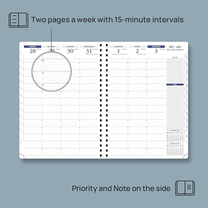 POPRUN 2026 Weekly Planner (A4-8.25'' x 11.75''), Quarter-Hourly Appointment Book (Jan. 2026 to Dec. 2026) with Monthly Tabs, Spiral Softcover, 2 Inner Pockets, Pen Holder - Blue Green