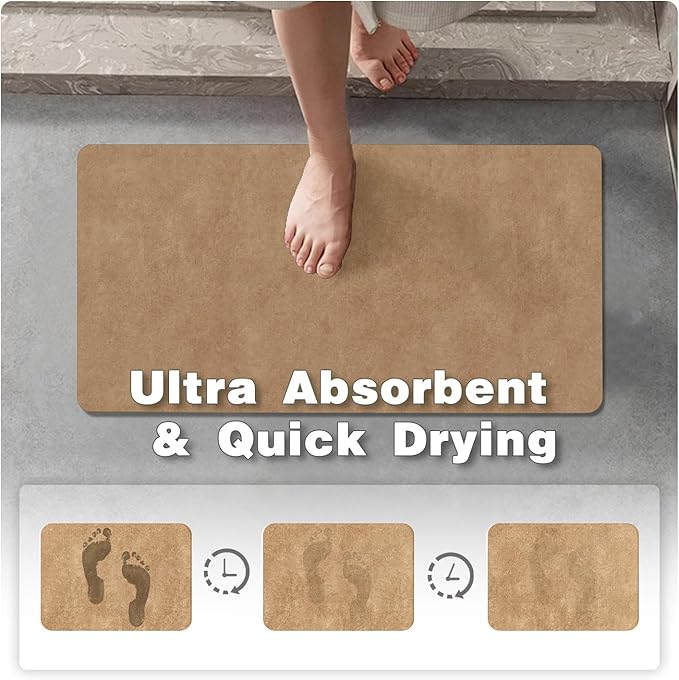 Bathroom Mat Quick Dry, Bathroom Rugs Non Slip Washable Thin Absorbent Bath Mat Fits Under Door Bathroom Floor Mat Perfect for Bath, Shower, or Sink 24"x36" Camel
