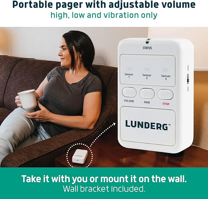 Lunderg Bed Alarm for Elderly Adults & Chair Alarm Set - Wireless Bed Sensor Pad (10” x 30”), Chair Sensor Pad & Pager - Alarms and Fall Prevention for Seniors & Dementia Patients - Full Caregiver Set