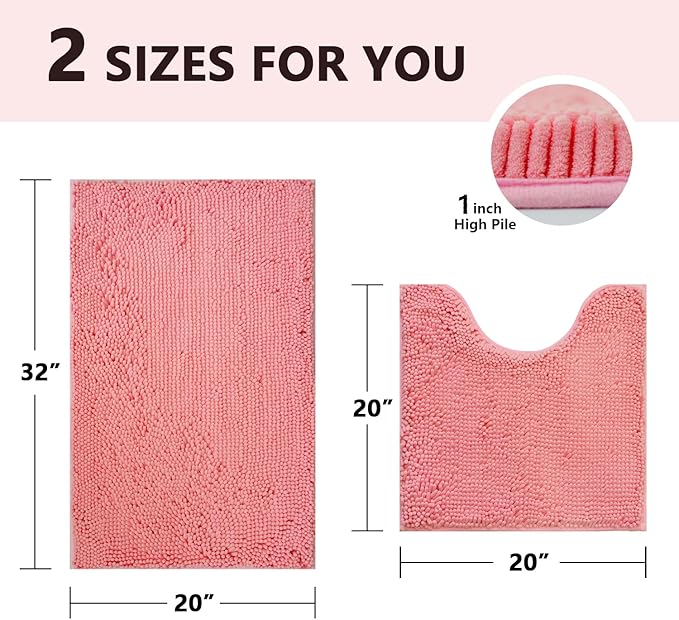 BOANKODU Bath Rug Sets 2 Piece, Soft Chenille, Non-Slip, 32x20 Inch + 20x20 Inch U Shape Multi-Purpose Machine Washable (Pink)