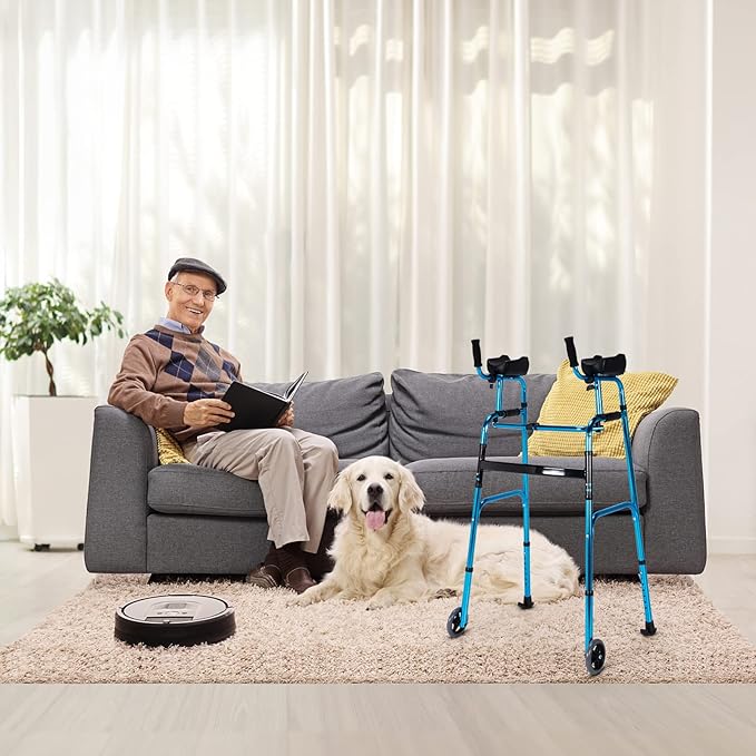 Goplus Walkers for Seniors, Foldable Standard Walker with 5’’ Wheels and Removable Padded Armrests 440lbs, Lightweight Walking Mobility Aid, Folding Platform Walker for Elderly, Handicap, Disabled
