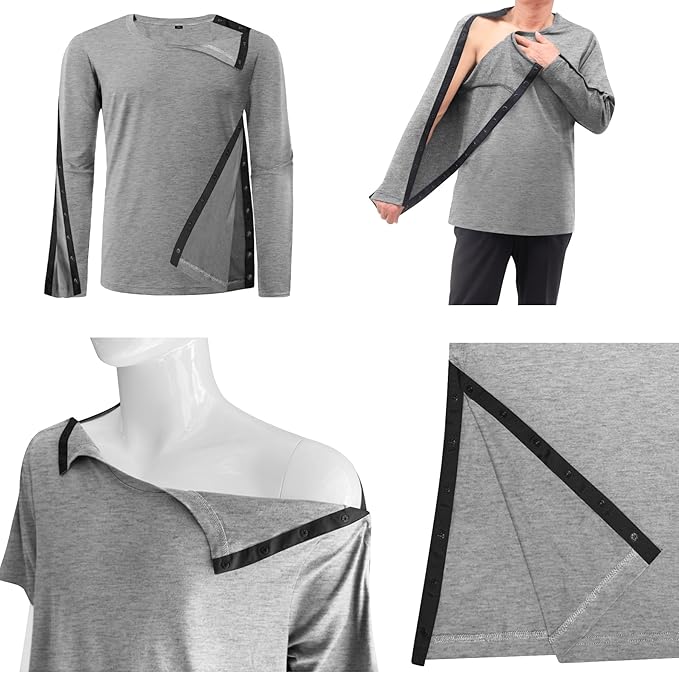 Unisex Post Shoulder Surgery Recovery Shirts - Full Tear Away Snap Long Sleeve Men Chemo Port Shirts for Men Women