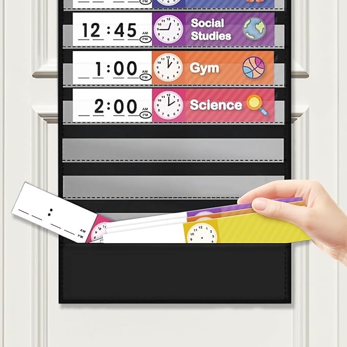 Eamay Daily Schedule Pocket Charts, Teaching Chart, Hoom, Eamay Daily Scheduling Pocket Chart with 13+1 Pockets, 18pcs Dry Erase Cards and 2 Hooks (Black-2)