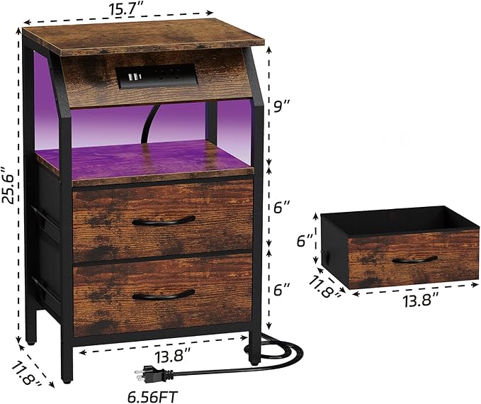 End Table with LED Lights, Nightstand with 2 Drawers and Type C Charging Station, Small Fabric Dresser for Bedside, Storage Side Table for Living Room Dorm, Rustic Brown