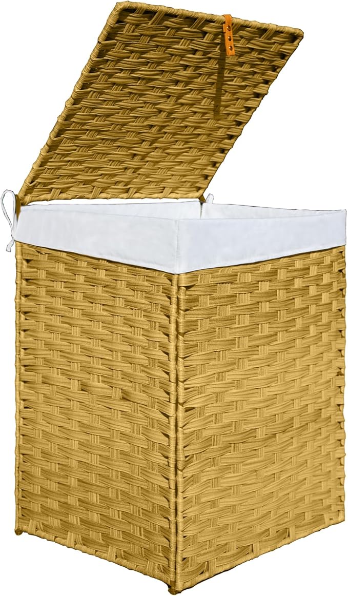 130L Foldable Outdoor Wicker Storage Basket with Lid - Patio Storage Hamper with Removable,Machine Washable 2-Compartment Liner & Handles for Clothes,Pillows,Bedding(Yellow)