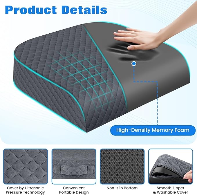 Seat Cushion, Memory Foam Chair Pad, Non-Slip Cushion for Office, Home, Car, Large Desk Chair Cushion, Washable Cover & Handle, X-Large, Grey
