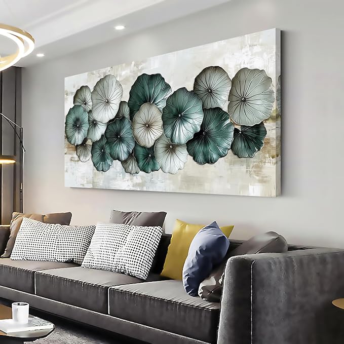 Abstract Cyan Floral Flower Wall Art for Living Room Office Contemporary Art Deco White Painting Prints Modern Canvas Artwork Over The Couch Bedroom Decor Large