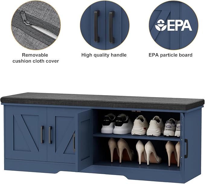 2-Tier Storage Bench, 47.2" Wide Shoe Bench with Padded Seat Cushion, Entryway Bench with 4 Barn Doors and Adjustable Shelf, Blue
