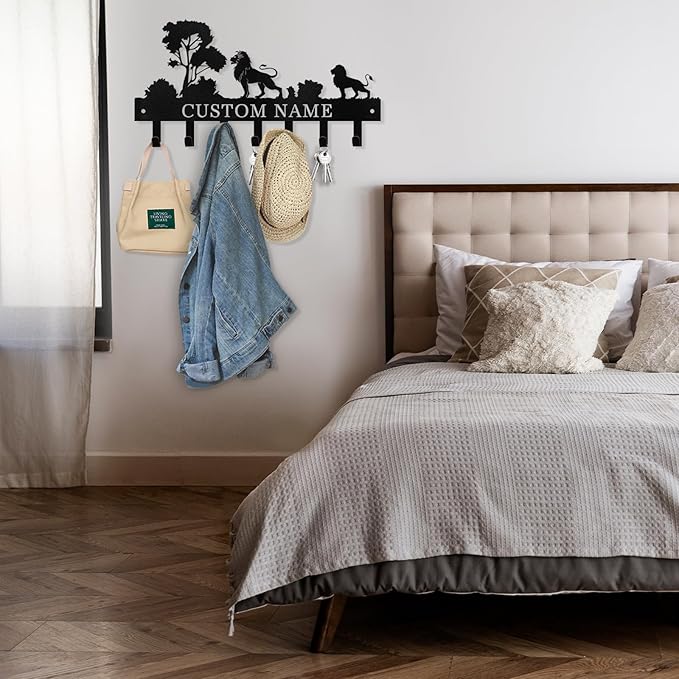 Personalized Key Holder Wall Mount, Black Metal Key Hanger Adhesive Key Rack Organizer with Lion Design, Key Hooks Wall Decorative for Living Room, Entryway, Doorway, Hallway, Garage