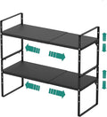 Expandable Cabinet Shelf Organizer Rack, Stackable Kitchen Counter Storage Shelves Stand, Adjustable Height Pantry Shelf Spice Rack, Heavy Duty Nonslip Black Large 2Pack