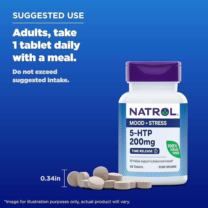 Natrol 5-HTP 200mg Dietary Supplement to Support a Balanced Mood, 60 Time Release Tablets, 60 Day Supply