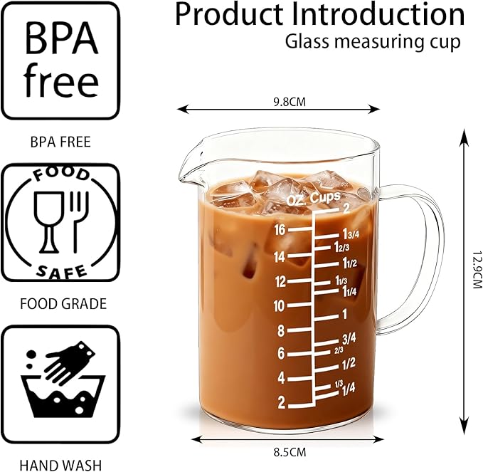 BCnmviku Graduated Glass Measuring Cup -500 ML /16 Oz/ 2 Cup Easy to Read [Insulated Handle | V-Shaped Spout] - High Borosilicate Glass Measuring Cup for Kitchen or Dining (500ml)